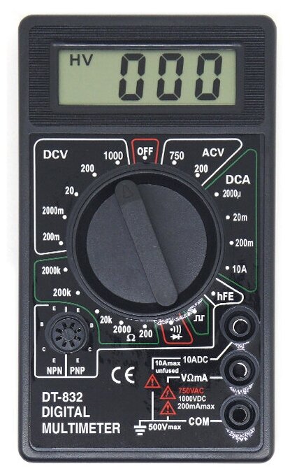 Мультиметр DT 832 /цифровой, постоянное напряжение: до 1 кВ, переменное: до 750 В, до 10 А, до 2000 кОм, генератор сигнала 5В 50Гц - фотография № 2