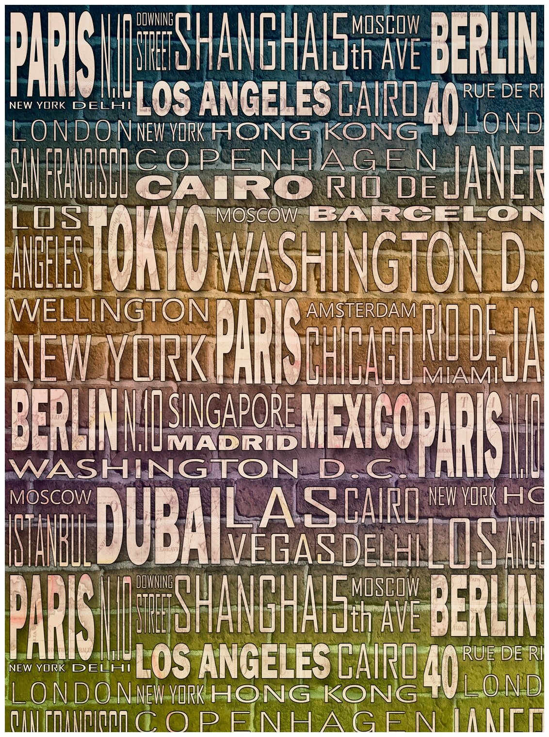 Фотообои URBAN Design 3Д Кирпичная стена с названиями городов, 200 x 270 см