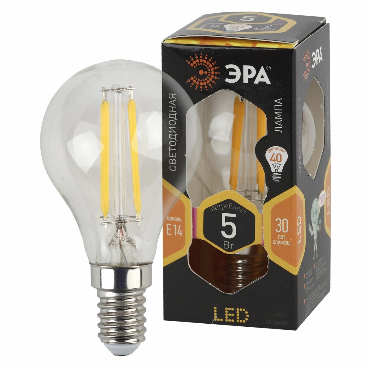 ЭРА F-LED P45-5W-827-E14 ЭРА (филамент, шар, 5Вт, тепл, E14) (10/100/3000)