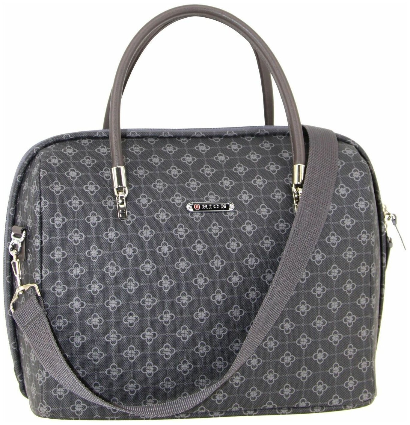 Дорожная сумка с ремнем на ручку чемодана Рион+ (RION+) / ручная кладь для самолета / саквояж, R240, экокожа, 20 литров, серый-цветы