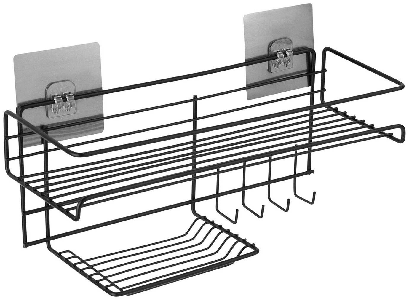Полка в ванную с мыльницей и крючками металлическая черная на липучках - фотография № 6