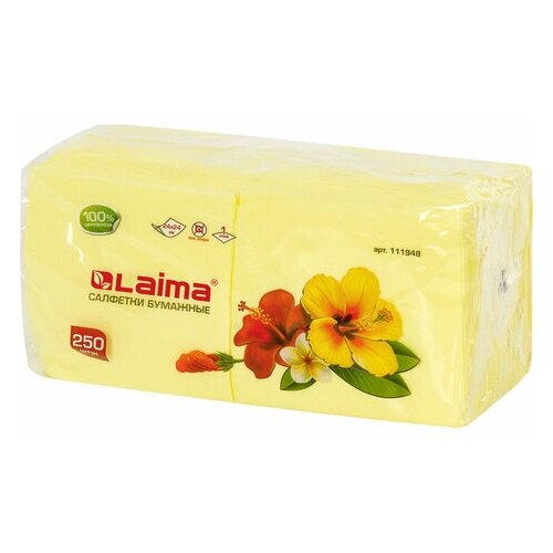 Салфетки бумажные 250 штук, 24х24 см, LAIMA, желтые, 100% целлюлоза, 111948 - 9 шт.