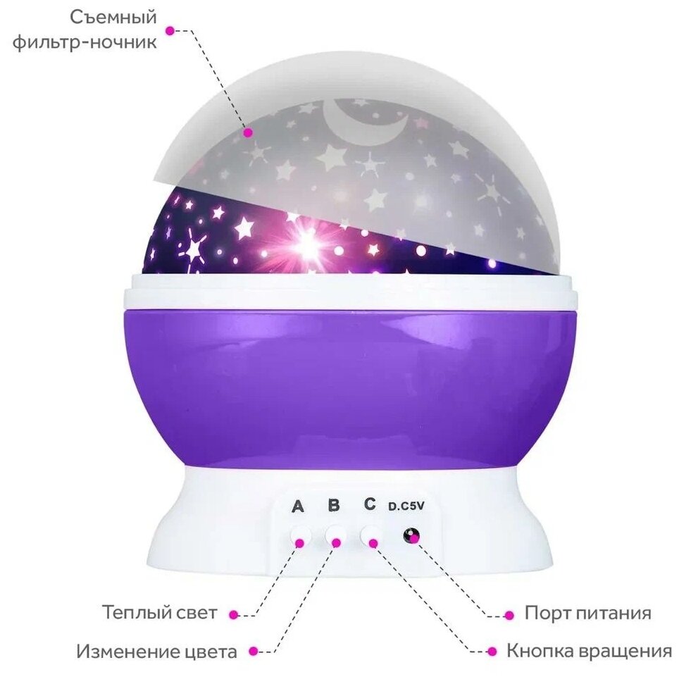 Ночник-проектор Star Master Звездное небо 012-1361, 2.6 Вт, цвет арматуры: фиолетовый, цвет плафона: бесцветный - фотография № 7