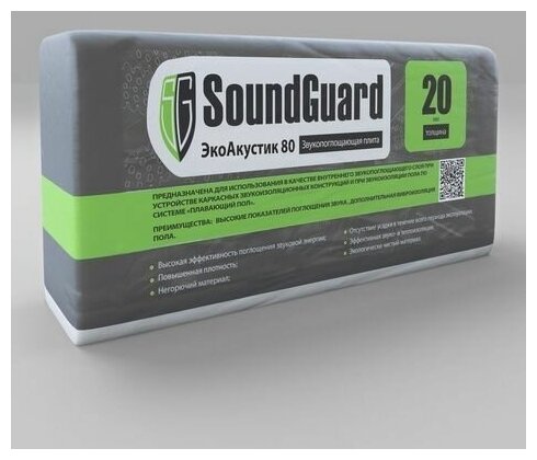 Звукопоглощающая плита Soundguard экоакустик 80 1250x600x20 мм, 7.5 кв. м в упаковке 201260