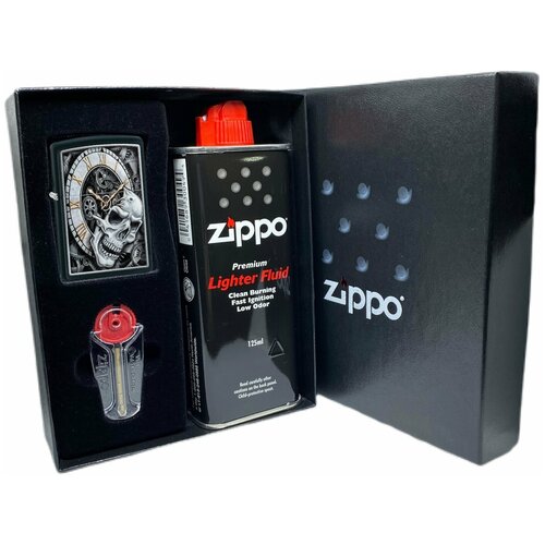 Подарочный набор ZIPPO ( Зажигалка ZIPPO 29854 Skull Clock Design, черная, с покрытием Black Matte + кремни + топливо, 125 мл )