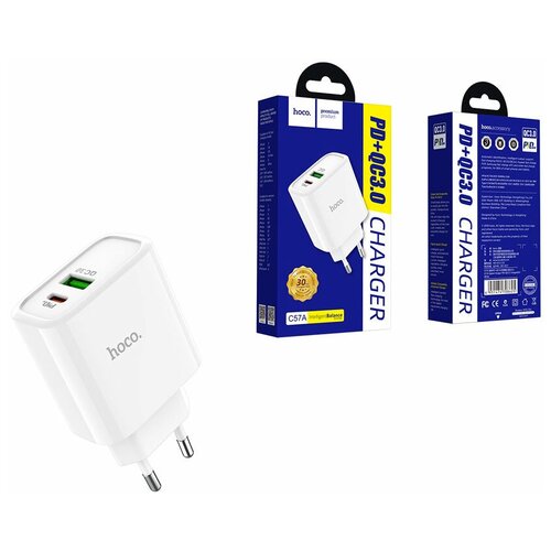 Сетевое зарядное устройство USB/Type-C Hoco C57A (3.1А, QC3.0, PD) (белое) сетевое зарядное устройство hoco ca80a 2в1 20w 18w pd qc3 0 быстрое зарядное устройство для айфона в сеть 2 usb белый