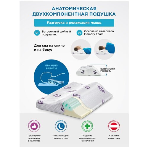 Подушка для ночного сна DETENSOR с эффеком памяти, размер L (40х50х12 см)