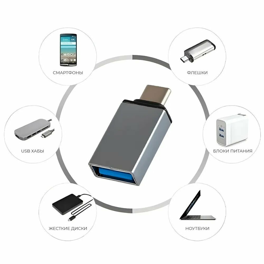 Переходник USB 3.0 на Type-C, Адаптер OTG USB-A 3.0 гнездо на Type-C штекер , ISA P-34 светло серый