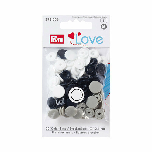 393008 Кнопки Prym Color Snaps, 12,4 мм, 30 шт, Love Prym (белый, серый, черный)