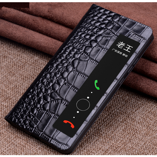 Чехол-кейс MyPads из натуральной кожи с фактурной прошивкой рельефа кожи крокодила для Huawei P50 Pro с боковым окном черный