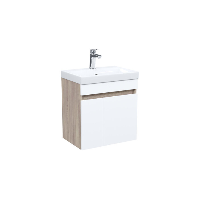 фото Тумба с умывальником подвесная с дверцами Zodiac IDDIS 50 см белая/под дерево ZOD5AD0i95K подходит ум. 3505000i28