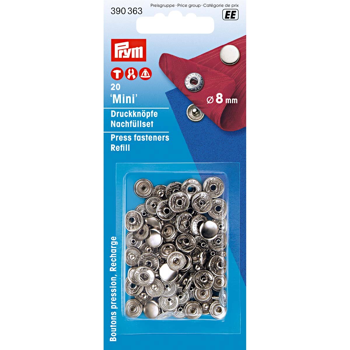 390363 Кнопки MINI (латунь) к 390360, серебристый цвет, 8 мм Prym, 20шт