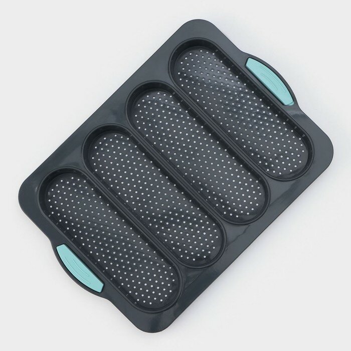 фото Форма для выпечки с перфорацией "Хлеб" 4 ячейки 34,5х23,5х2,5 см (20х6,2х2,4 см), цвет серый