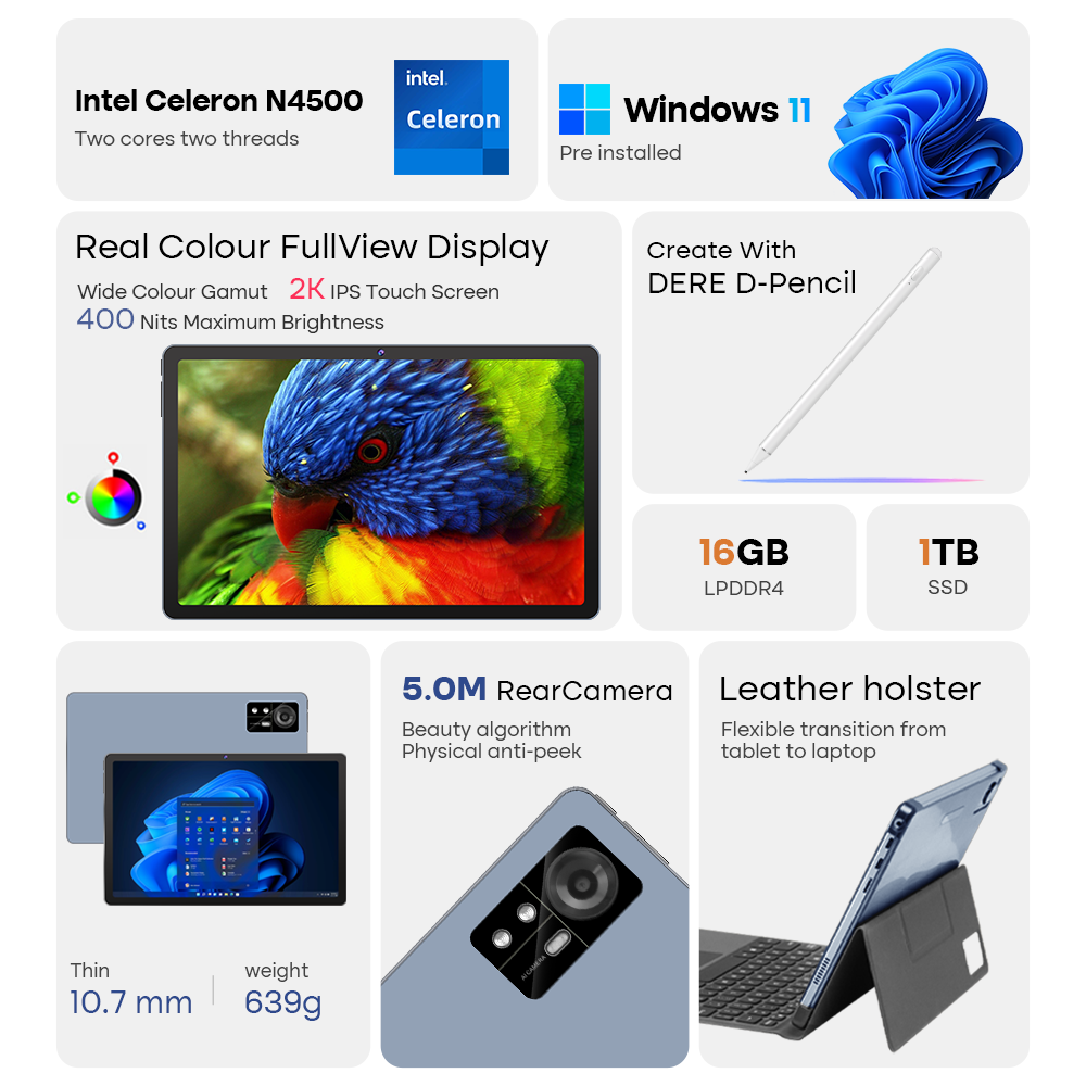 Ноутбук DESERT 11 с 11-дюймовым сенсорным экраном Ultra HD 2K IPS Intel Celeron N4500 16 ГБ оперативной памяти + 512 ГБ SSD Office Learning Windows 11 Ноутбук — фото 3