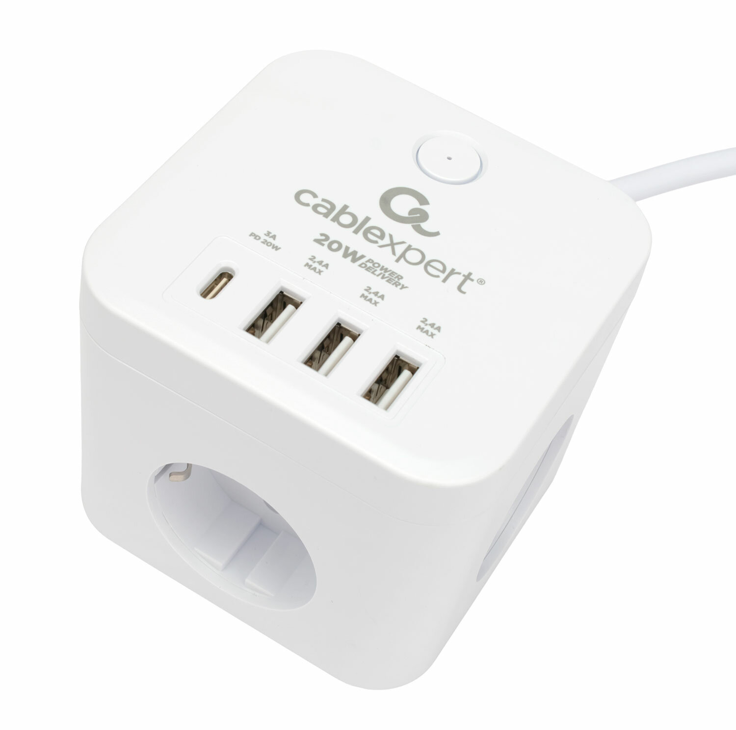 Сетевой фильтр Cablexpert Cube, 3 розетки, 1xType-C, 3xUSB, 1.5м, белый, коробка