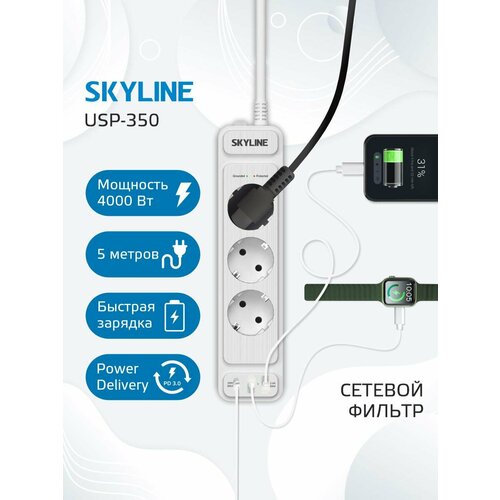Сетевой фильтр SKYLINE USP-350 3 розетки 2 USB 1 type-C power delivery кабель 5 метров 4000 Вт 16А черный 2990₽