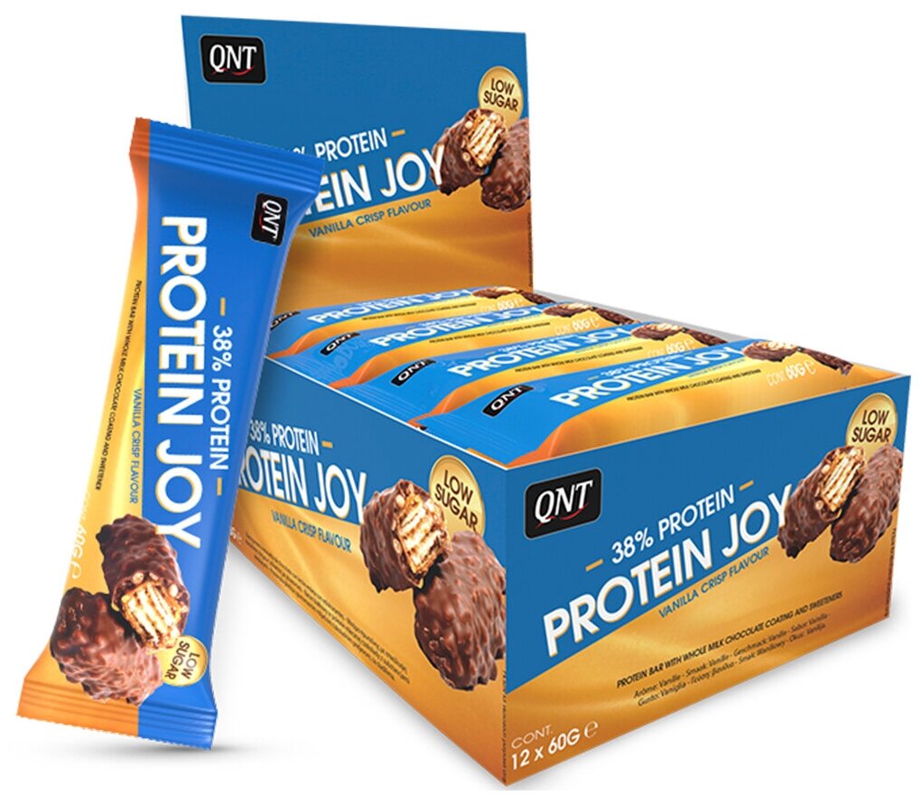 QNT Protein Joy Сrunchy Vanilla Ice 60g/ Батончики "Протеин Джой" вкус: хрустящее ванильное мороженое 60гр