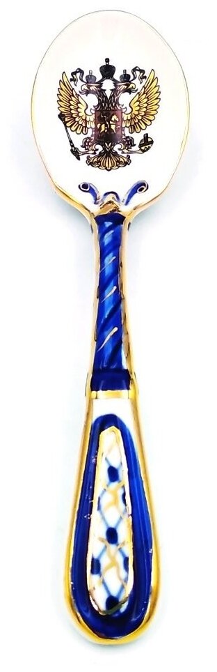 Гжель ложка Гербовая золото фарфоровая 15см