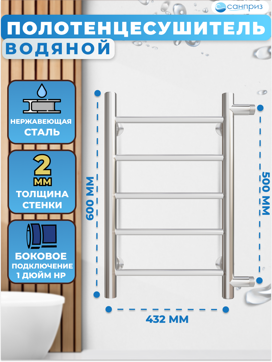 Полотенцесушитель водяной Аврора П5 400*600 боковое подключение м/о 500 санприз - фотография № 1