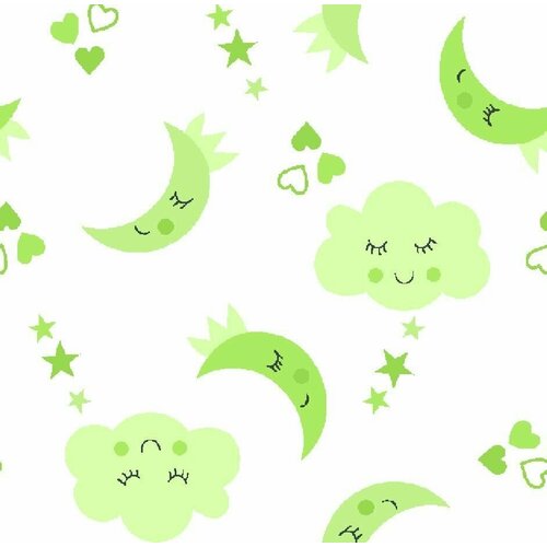 Ткань для пошива детских пеленок Фланель дет Т 90 б/з 0590a_3, шир. 90см, рулон 60 метров, Облака и Луна, зелёный, 114314