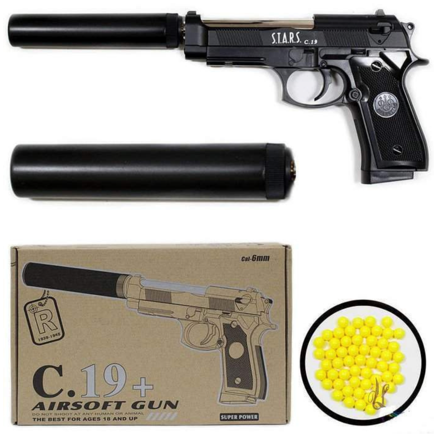 Пистолет металлический с пульками и глушителем C-19+500 пулек в гранате в подарок