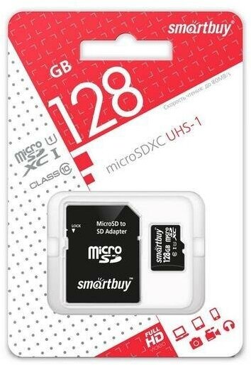 Карта памяти microSDXC SmartBuy 128Gb, Class 10 (с адаптером), 1шт. (SB128GBSDCL10-01)