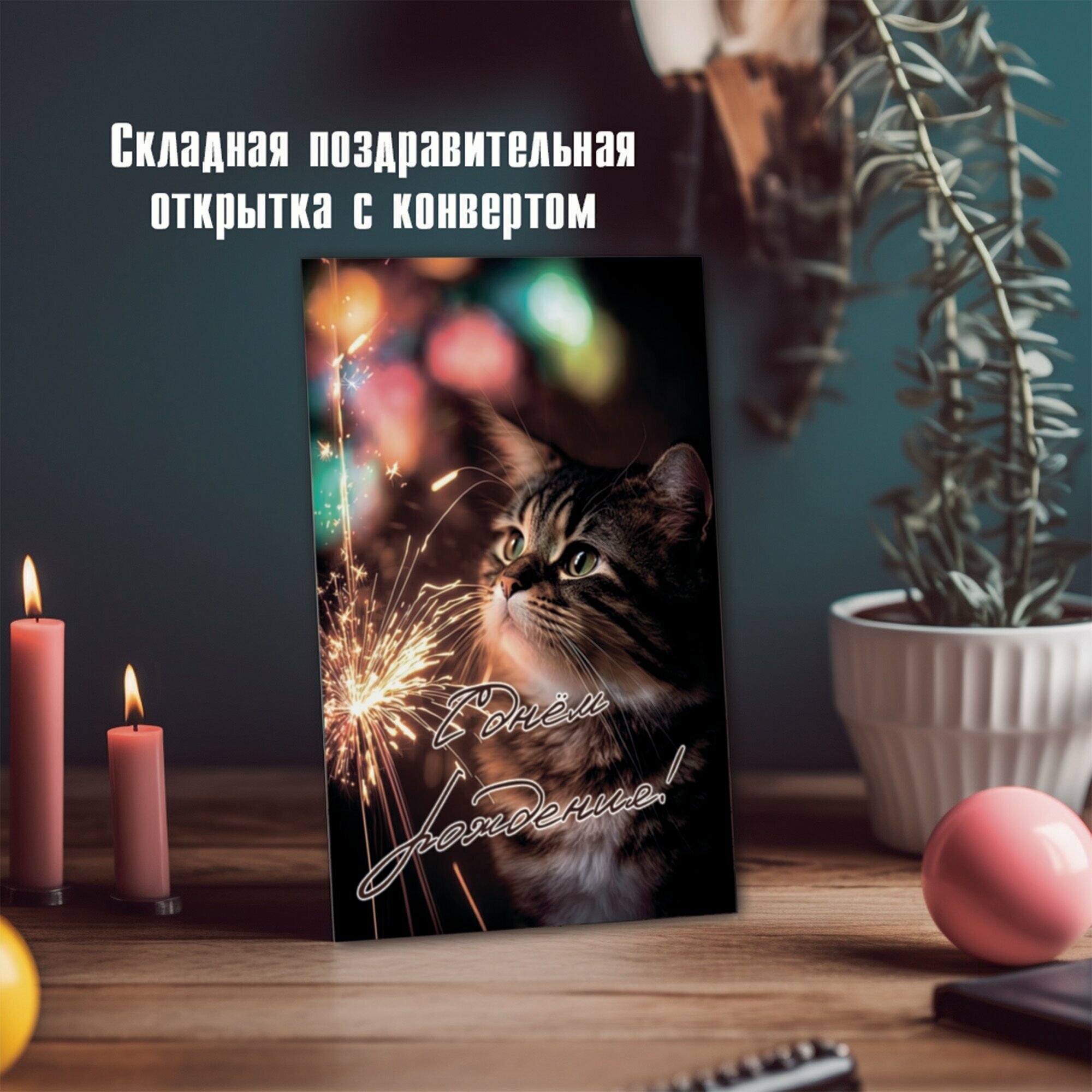 "Кот и бенгальский огонь", открытка "с днём рождения", 10x15 см, складная подарочная без надписей, с конвертом, плотный картон