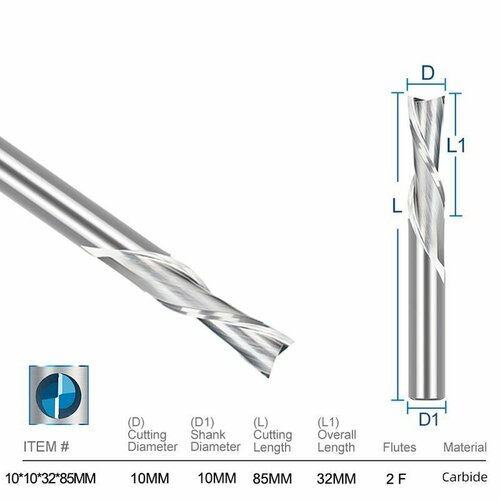 Фреза спиральная двухзаходная XCAN 10х32х85мм стружка вниз фреза компрессионная двухзаходная xcan по дереву 6х17х50мм стружка вниз