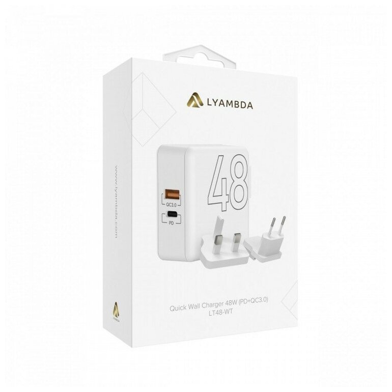 Сетевое зарядное устройство Lyambda 48Вт, USB-C + USB-A, 3A, белый Noname - фото №4
