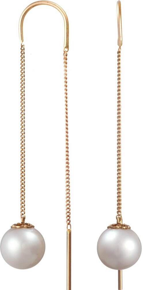 Серьги цепочки Митра, красное золото, 585 проба, жемчуг культивированный, размер/диаметр 8 мм, длина 4 см, золотой, белый