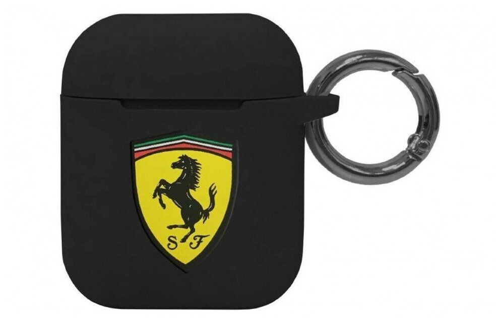 Чехол с карабином Ferrari Silicone case with ring для AirPods 1/2, цвет Черный (FESACCSILSHBK)
