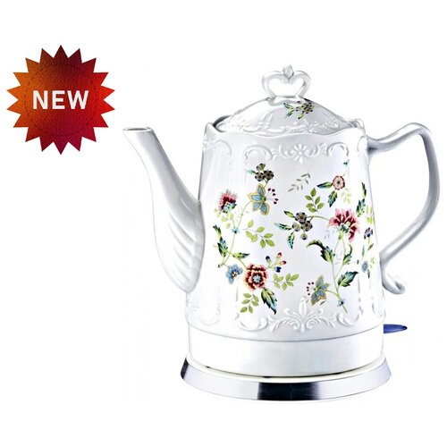 Электрический керамический чайник, домашний чайник с рисунком, объем 1.7 л.,защита от перегрева,для дома,офиса,белый, с розами