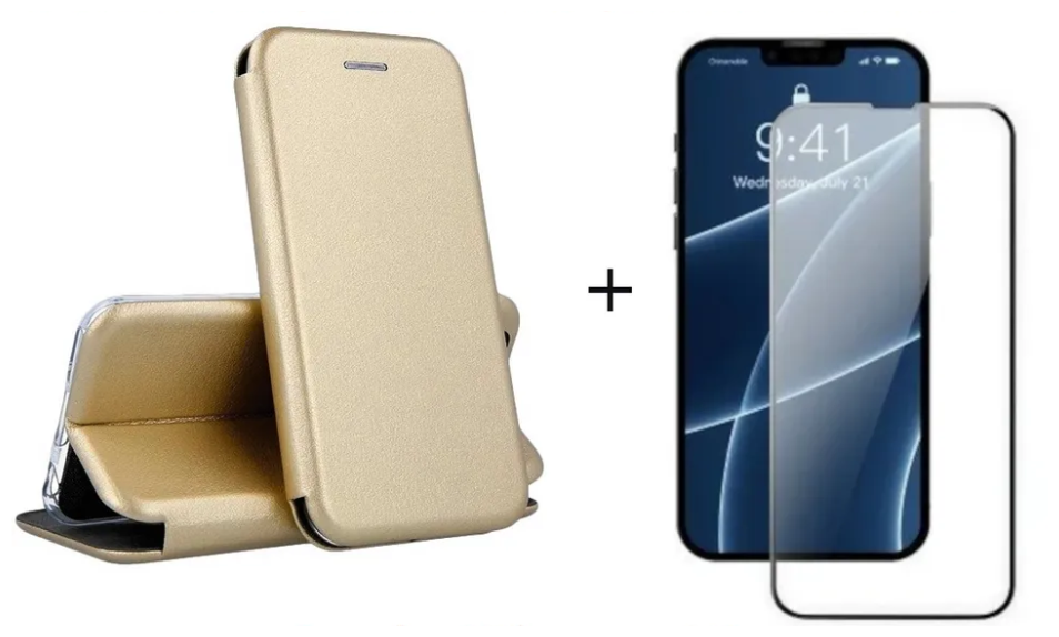 Выгодный комплект 2 в 1 для Apple iphone 13 Pro Max : чехол - книжка кожа золото + защитное стекло 21D черная рамка