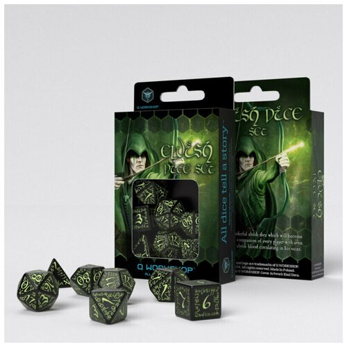 Набор кубиков для настольных ролевых игр (Dungeons and Dragons, DnD, D&D, Pathfinder) - Elvish Black & glow-in-the-dark Dice Set