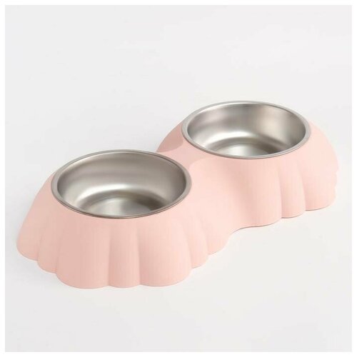 Миска металлическая двойная на фигурном пластиковом основании, 38,4 х 22 х 6 см, розовая