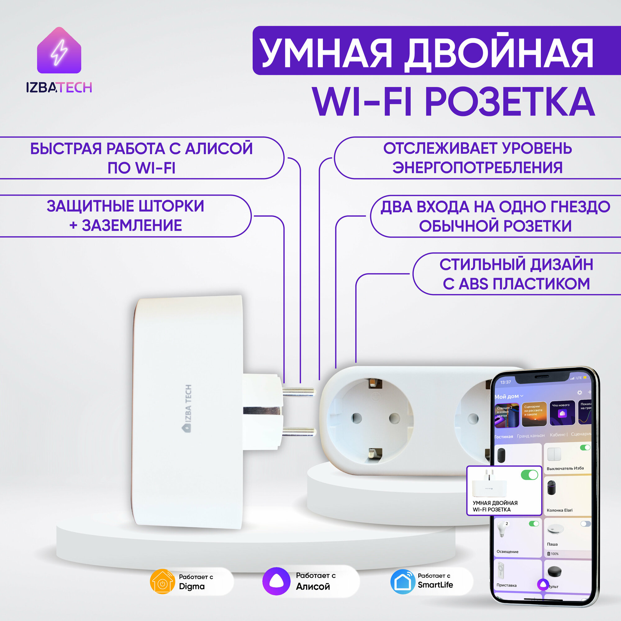 фото Новая Умная двойная розетка для Алисы, одна вилка, каждая розетка на 16А, с WIFI, с отслеживанием энергопотребления, есть таймер и расписание