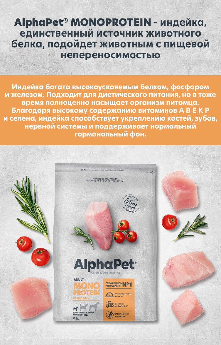 Сухой полнорационный корм MONOPROTEIN из индейки для взрослых собак мелких пород AlphaPet Superpremium 0,5 кг