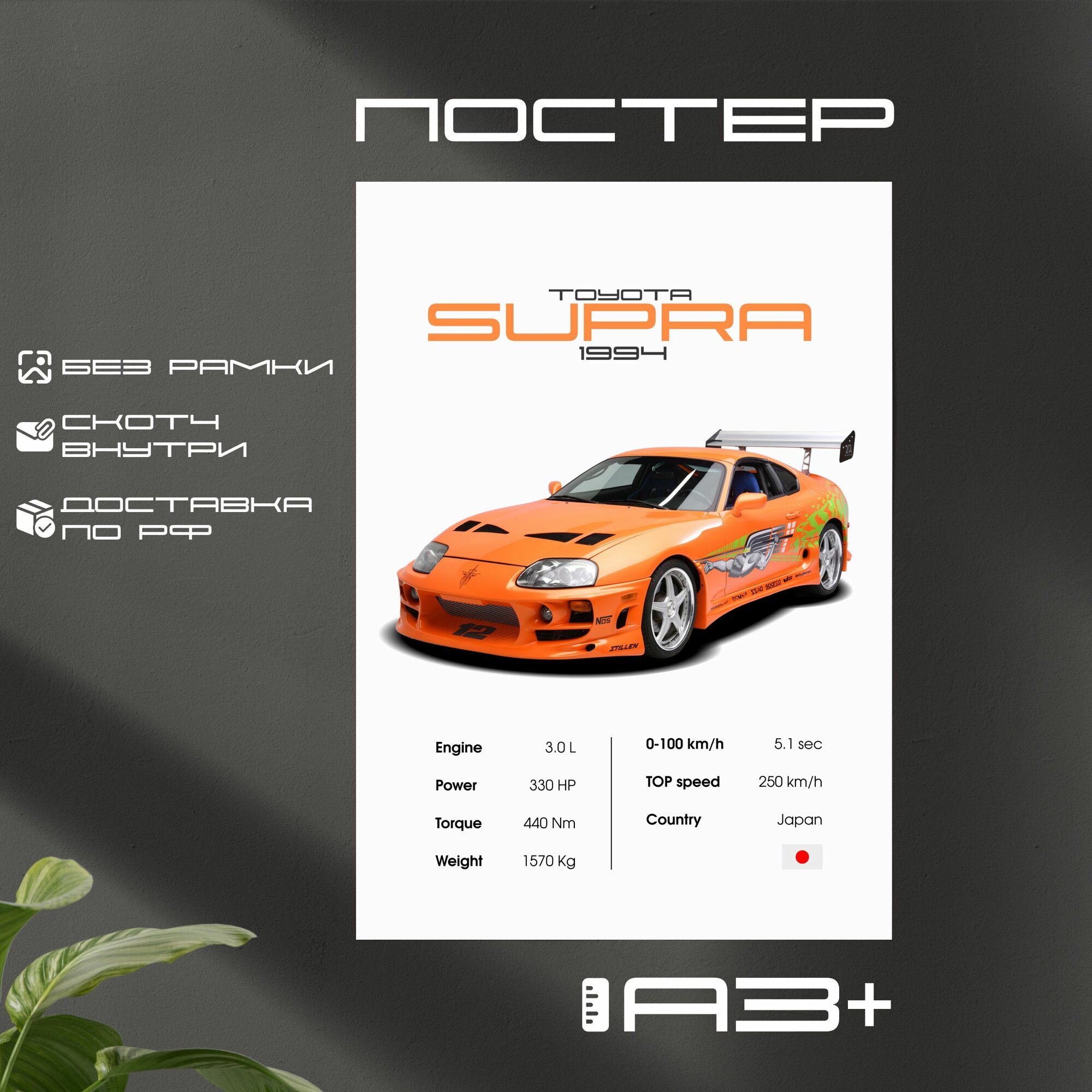 Постер "TOYOTA Supra" с характеристиками без рамки, формат А3 +