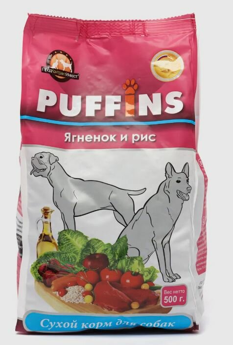 Сухой корм для собак Puffins из мяса ягненка с рисом 500 грамм