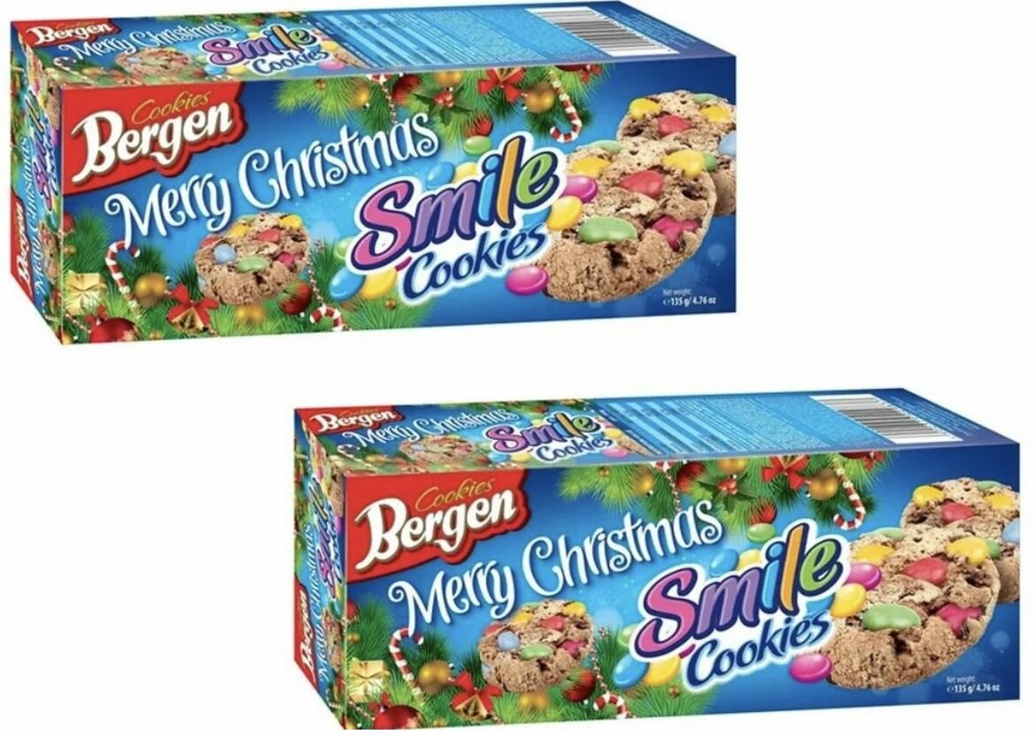 Печенье Bergen Smile Cookies, с кусочками шоколада и шоколадным драже, покрытым глазурью, 135г 2 шт