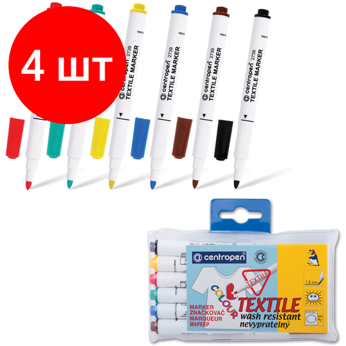 Комплект 4 шт, Маркеры для ткани 6 цветов CENTROPEN Textile Marker, круглый наконечник, 1.8 мм, 2739/6, 5 2739 0610