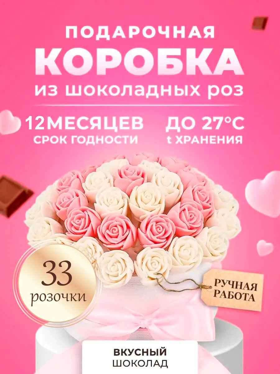Шоколадные съедобные сладкие розы 33 шт. последний звонок CHOCO SFERA в Розовой Шляпной коробке: Белый и Молочный шоколад (Подарочный набор)