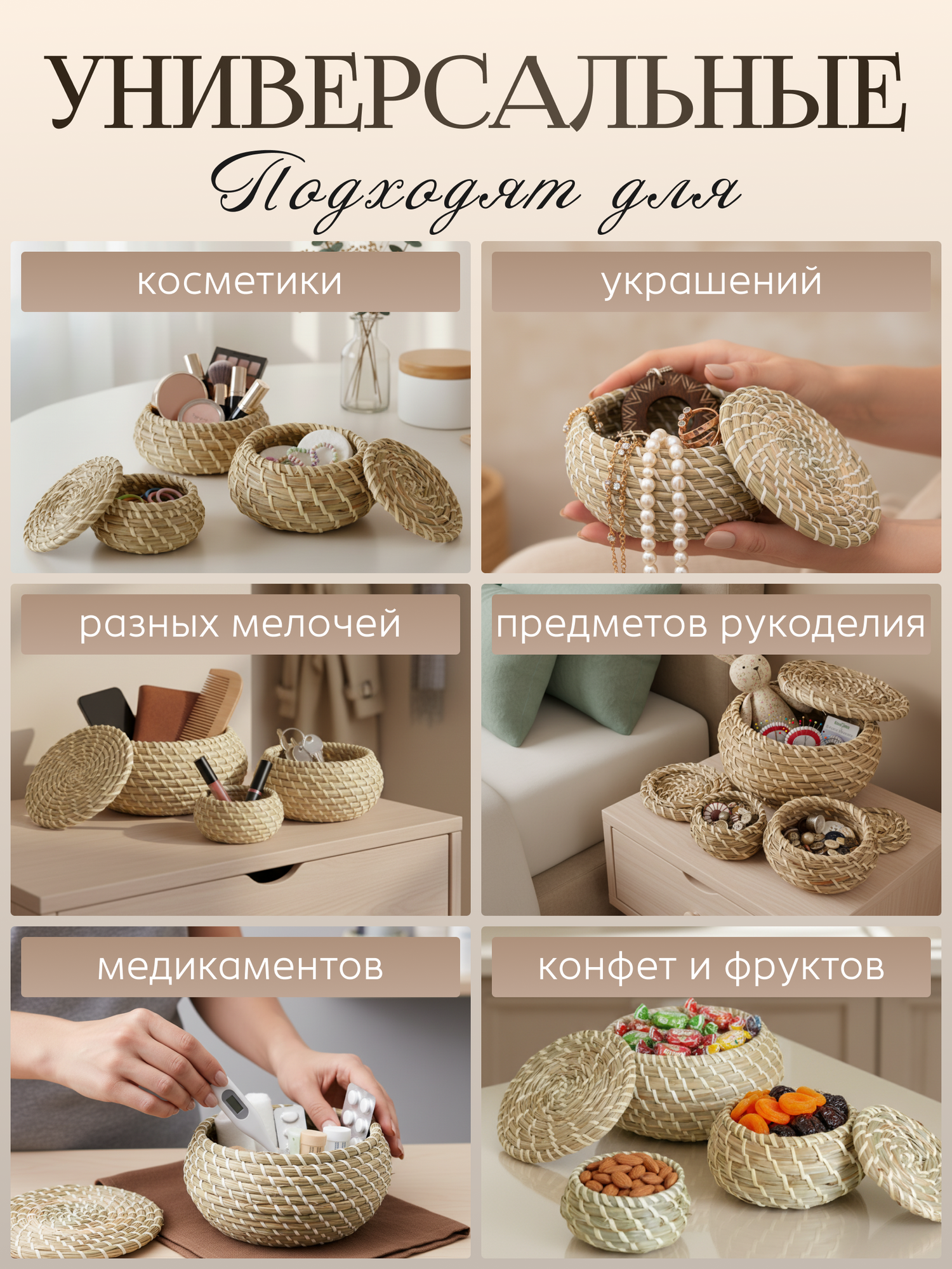 Плетеные корзины для хранения с крышкой, шкатулки, набор 3 шт. — фото 1