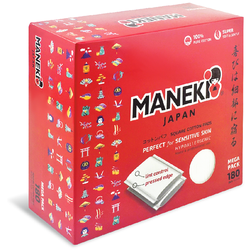 Купить Подушечки ватные гигиенические Maneki RED, прямоугольные, с пресс-линиями, 180 шт./упак , белый, хлопок, Ватные палочки и диски