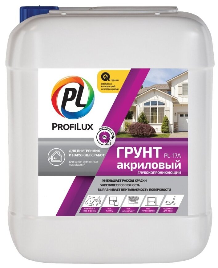 фото Грунтовка воднодисперсионная, акриловая, Profilux, PL-17A, для внутренних и наружных работ, 1 л