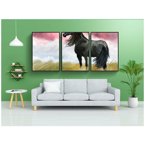 фото Набор модулных постеров для интерьера "иллюстрация, конь, луг" 60x90 см. в тубусе, без рамки lotsprints