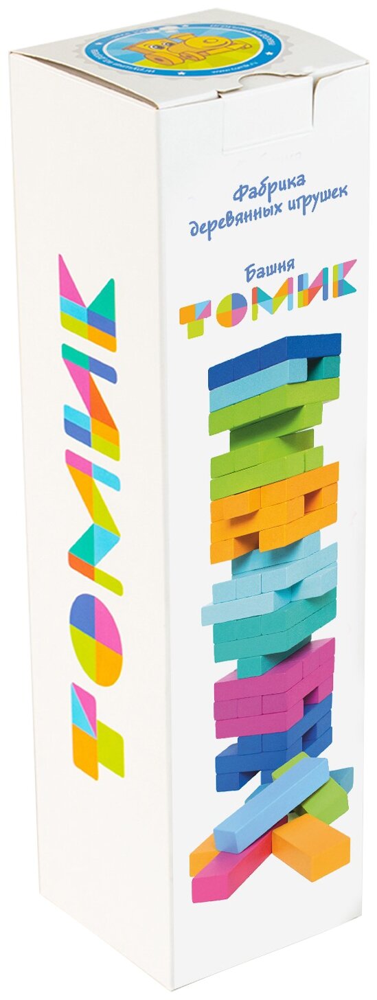 Логическая настольная игра Томик "Башня Томик", деревянный игровой набор из 54 разноцветных брусков, падающая башня