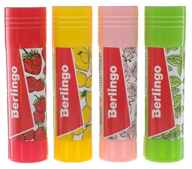 фото Клей-карандаш ПВП 21 г Berlingo, Aroma, ароматизированный (мята, лимон, клубника, роза)