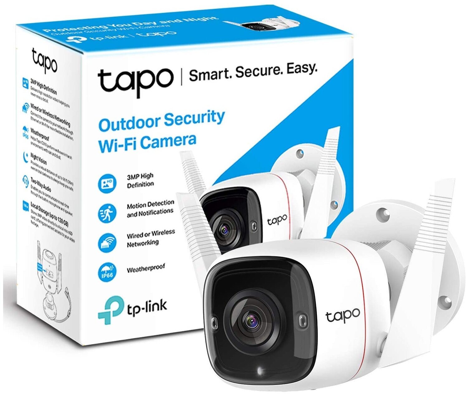 IP-камера TP-Link Tapo C310 3.9мм, уличная, корпусная, 3Мпикс, CMOS, до 2304×1296, до 15кадров/с, ИК подсветка 30м, Wi-Fi, -20 °C/+45 °C, белый