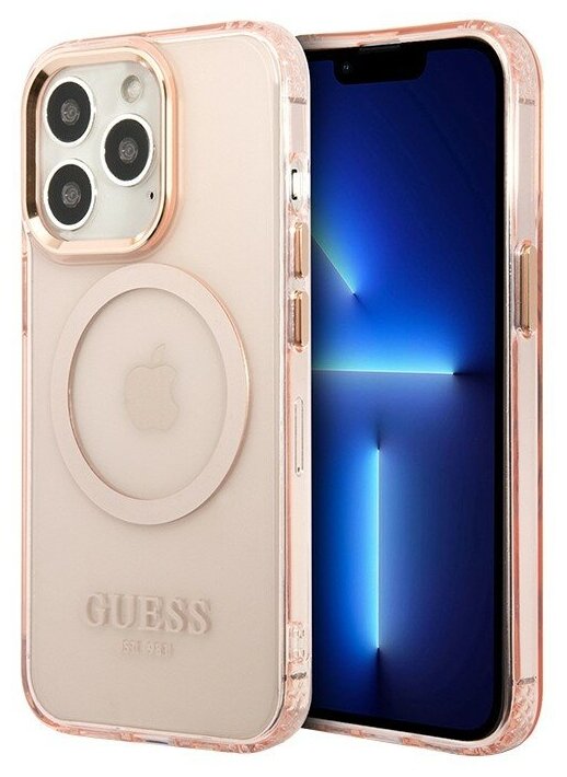 Чехол Guess Metal outline Hard для iPhone 13 Pro, розовый/золотой (MagSafe)